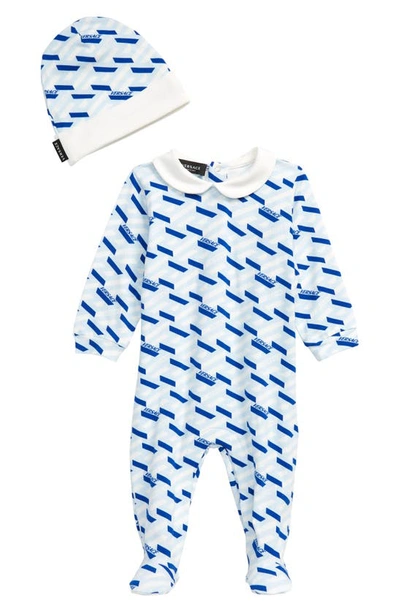 Shop Versace La Greca Monogram Print Stretch Cotton Footie & Hat Set In 5u110 Blue Light Blue