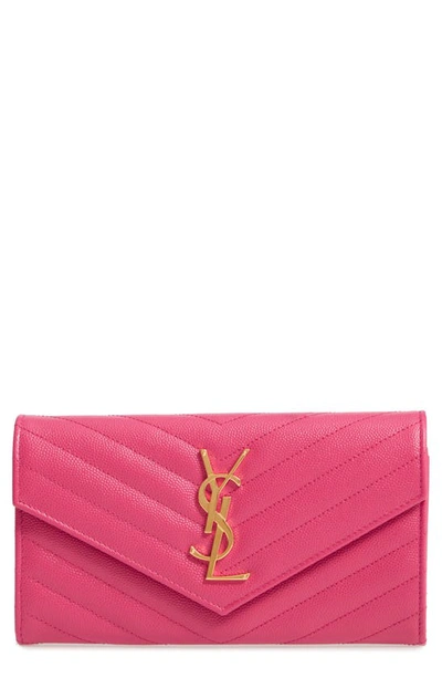 Shop Saint Laurent Monogramme Logo Leather Flap Wallet In Shocking Pink