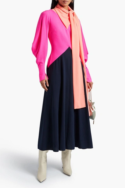 Shop Roksanda Malika Tie-neck Color-block Wool-crepe Midi Dress In Bright Pink