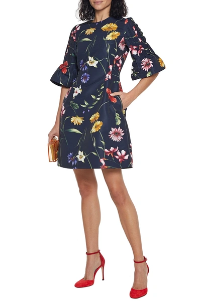 Shop Oscar De La Renta Pintucked Floral-print Faille Mini Dress In Navy
