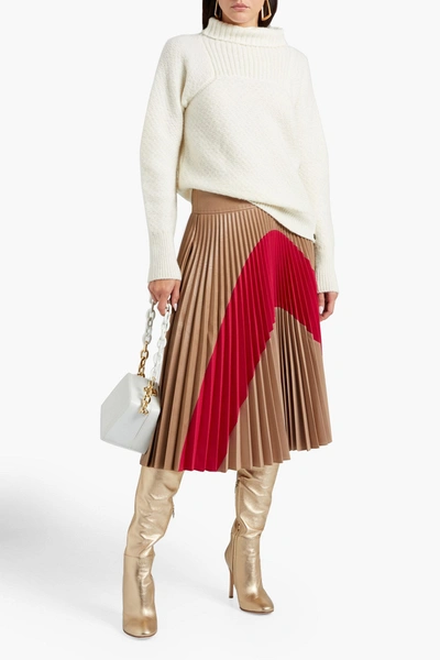 Shop Stella Mccartney Pleated Two-tone Faux Leather And Satin-twill Midi Skirt In Light Brown