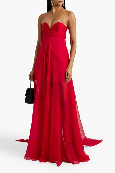 Shop Valentino Strapless Cape-back Pleated Silk-chiffon Gown In Red