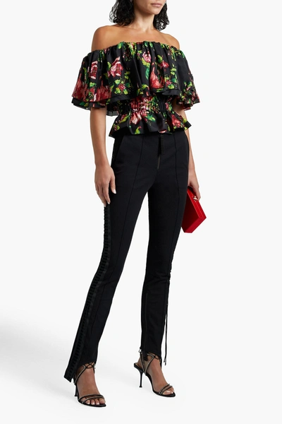 Shop Alexandre Vauthier Off-the-shoulder Ruffled Floral-print Silk Crepe De Chine  Top In Black