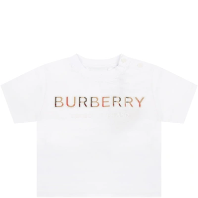 Shop Burberry White T-shirt For Babykids With Beige Logo