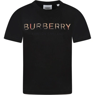 Shop Burberry Black T-shirt For Kids With Beige Logo