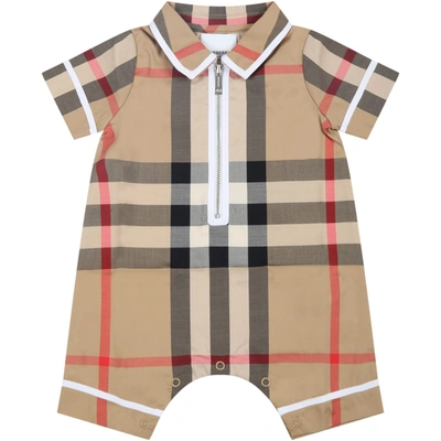 Shop Burberry Beige Romper For Baby Boy With Check Vintage