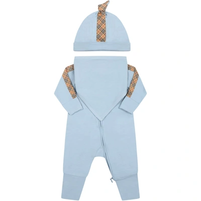 Shop Burberry Light-blue Set For Babykids With Iconic Check Vintage In Light Blue