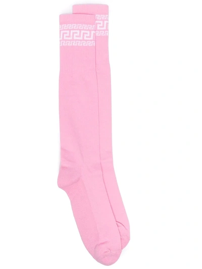 Shop Versace Intarsia-knit Knee-length Socks In Pink