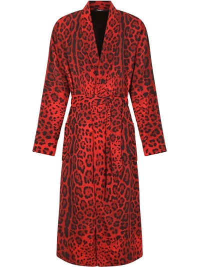 Shop Dolce & Gabbana Leopard-print Tie-waist Robe In Red