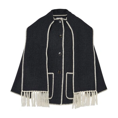 Shop Totême Wool Jacket With Embroidered Scarf In Dark Grey Melange