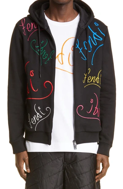 Shop Fendi X Noel Fielding Script Embroidered Cotton Hoodie In Black