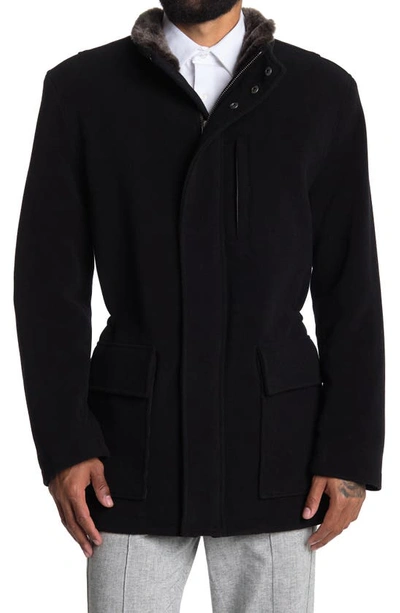 Cole Haan Signature Wool Blend Faux Fur Lined Stand Collar Jacket In Charcoal