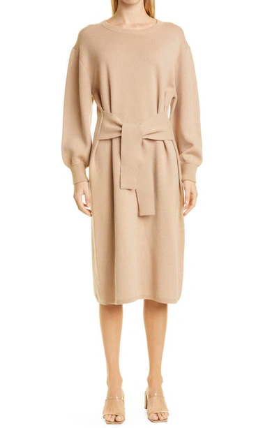 Hugo Boss Fusiana Belted Long Sleeve Sweater Dress In Light Pastel/brown |  ModeSens
