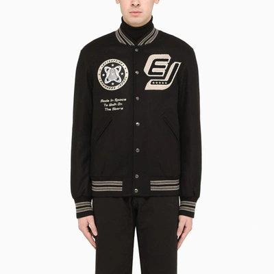 Shop Enterprise Japan Black Varsity Jacket With Patches In Beige