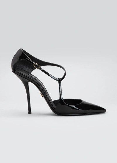 Shop Dolce & Gabbana Pointed Patent Leather Ankle-strap Pumps In Black