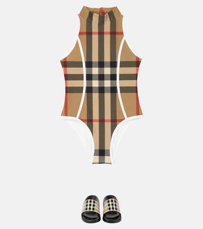 Shop Burberry Vintage Check Swimsuit In Archive Beige Ip Chk