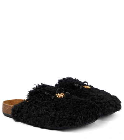 Shop Tory Burch Monogram Shearling Slippers In Perfect Black