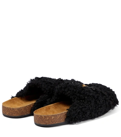 Shop Tory Burch Monogram Shearling Slippers In Perfect Black