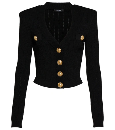 Balmain Structured Shoulder Black V-neck Cardigan With Decorative Buttons In Black