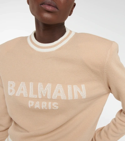 Shop Balmain Logo Cropped Sweater In Sable/naturel