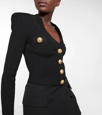 Balmain Structured Shoulder Black V-neck Cardigan With Decorative Buttons In Black