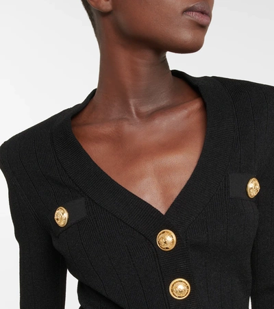 Balmain Structured Shoulder Black V-neck Cardigan With Decorative Buttons In Black