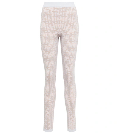 Shop Balmain Monogram Knit Leggings In Nude/argent