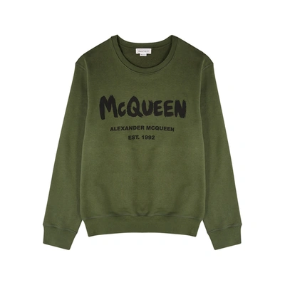 Shop Alexander Mcqueen Green Logo-print Cotton Sweatshirt In Khaki