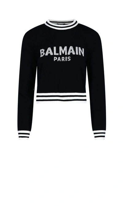 Shop Balmain Logo Intarsia Crop Knit Jumper In Black