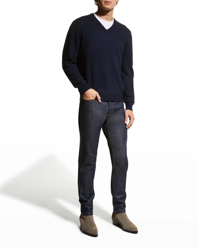 Shop Neiman Marcus Men's Wool-cashmere Knit V-neck Sweater In Navy
