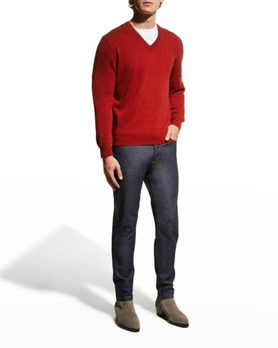 Shop Neiman Marcus Men's Wool-cashmere Knit V-neck Sweater In Orange