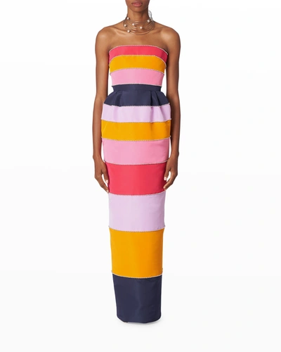 Shop Carolina Herrera Striped Blouson Column Gown W/ Beading In Multi