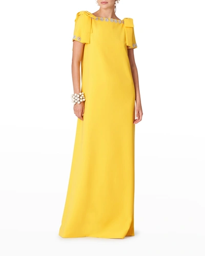 Shop Carolina Herrera Bow-shoulder Crystal Embellished Column Gown In Midnight