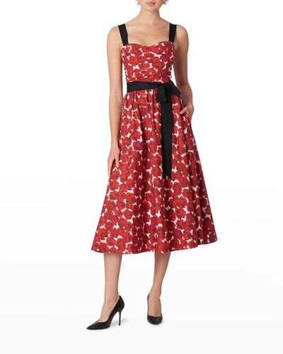 Shop Carolina Herrera Rose-print Ruched Midi Dress - Bci Cotton In Icon Red Multi