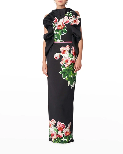 Shop Carolina Herrera Rose-print Ruffle Halter Gown In Black Multi