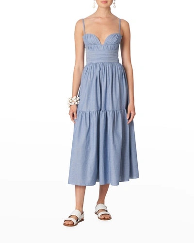 Shop Carolina Herrera Ruched Bustier Tiered Midi Dress - Bci Cotton In Blue