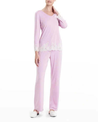 Shop Natori Shangri La Luxe Lace-trim Pajama Set In Lvw