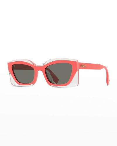 Shop Fendi Clear Rectangle Acetate Sunglasses In 66n Coral