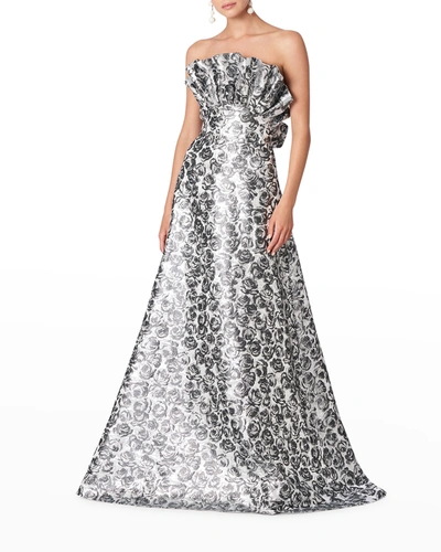 Shop Carolina Herrera Metallic Rose Jacquard Ruffle-bustier Gown In Silver Multi