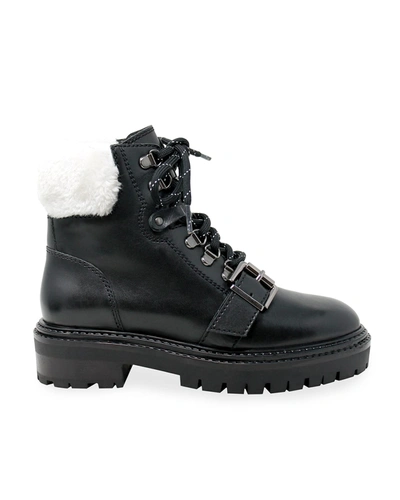 Shop Charles David Cliche Leather Combat Boots W/ Faux-fur Trim In Black-beige
