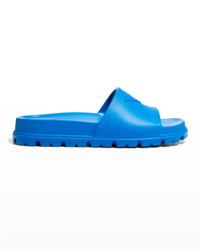 Shop Prada Rubber Logo Pool Sandals In Azzurro
