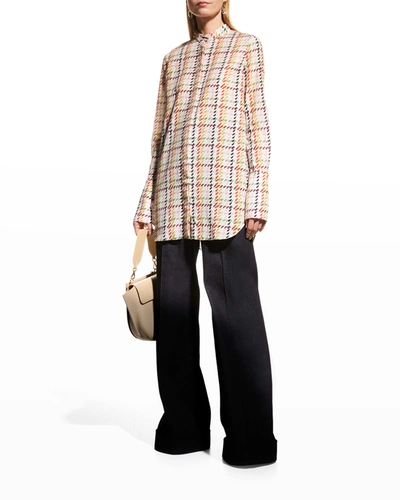 Shop Adam Lippes Abstract Plaid-print Tunic Top W/ Detachable Cuffs In Ivory Multi