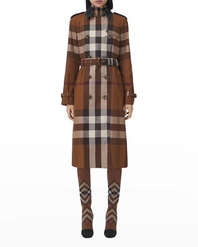 Shop Burberry Waterloo Check-print Double-breasted Trench Coat In Dark Birch Brown