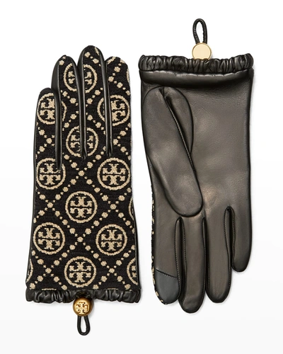 Shop Tory Burch T-monogram Chenille Cashmere-lined Gloves In 889 Black New Cre