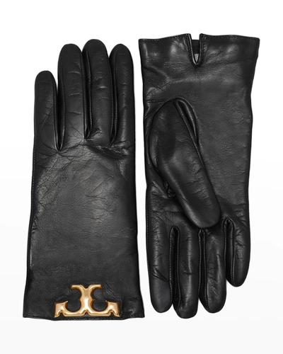 Shop Tory Burch Eleanor Logo Lambskin Leather Gloves In 001 Black