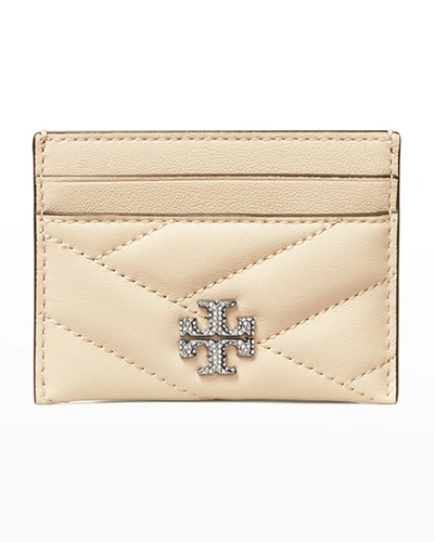 Shop Tory Burch Kira Chevron-quilted Embellished Logo Card Case In New Cream