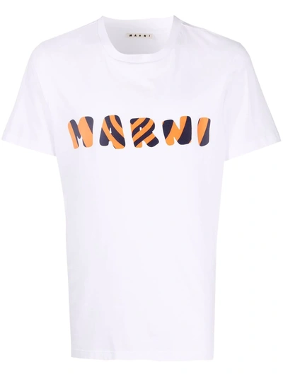 Shop Marni Striped Logo-print T-shirt In White