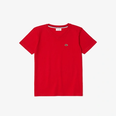 Shop Lacoste Kids' V-neck Cotton T-shirt - 8 Years In Red