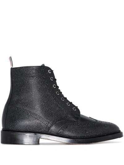 Thom Browne Black Pebbled Leather Wingtip Boots In Black