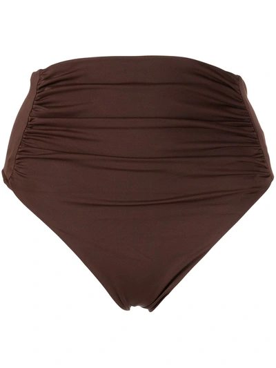 Shop Self-portrait Ruched High-waisted Bikini Briefs In Brown